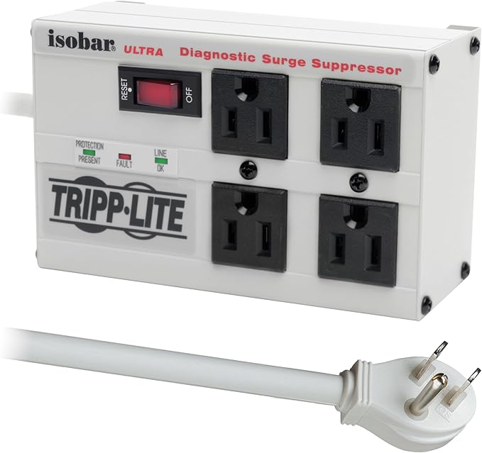 Tripp Lite ISOBAR4ULTRA Isobar 4 Outlet Heavy Duty Power Strip Surge Protector, 3330 Joules, 6ft Cord, Flat Plug, Metal Power Strip, Industrial Garage Work Shop Bench, Under Desk and Wall Mountable