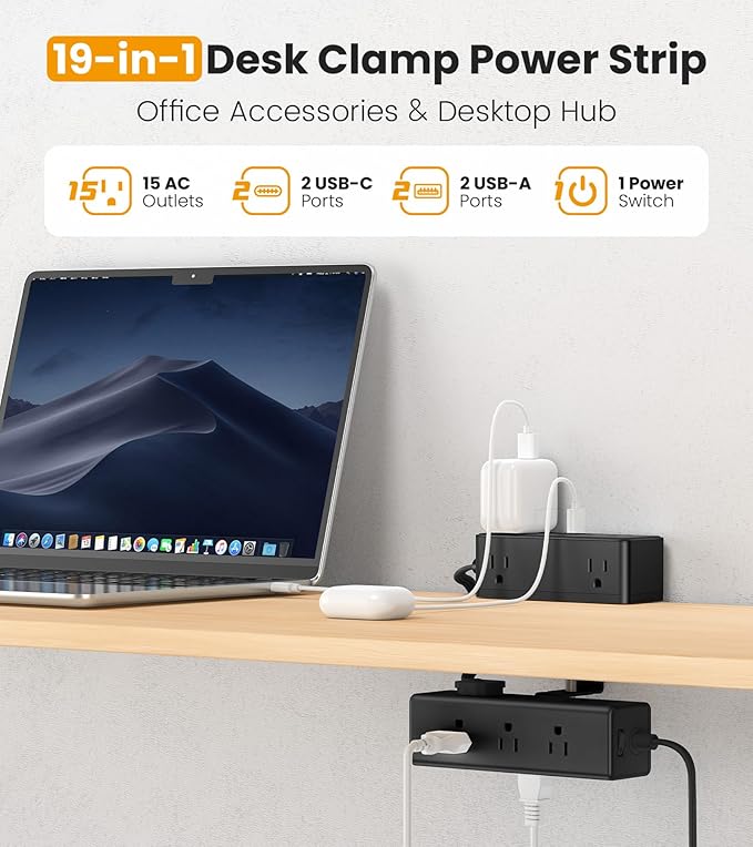 Dual Layer Desk Clamp Power Strip, Desktop Edge Mount Surge Protector with 15 AC Outlets & 4 USB Ports(20W USB-C), Ultra Thin Flat Plug & 15FT Power Cord for Office Home(ETL Listed)