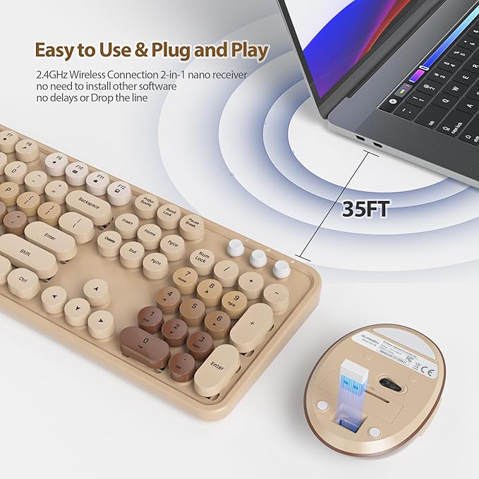 Coffee Brown Keyboard and Mouse Combo Wireless, 2.4G Full Size 104-Key Retro Typewriter Keyboards Round Keys for Students Teenagers Home Office PC Laptop(Coffee)