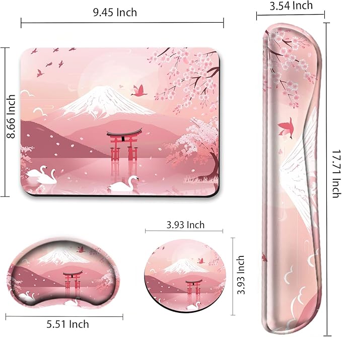 Cherry Blossom Keyboard and Mouse Pad Set Japanese Mousepad with Wrist Support Ergonomic Keyboard Wrist Rest Carpal Tunnel Typing Pain Relief Non-Slip Base Wrist Pad for Mouse