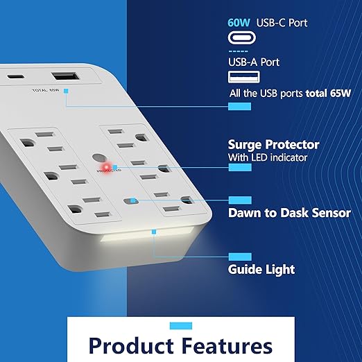 LIDER 6-Outlet Surge Expander with PD-65W USB Type A/C and Guide Light, Fast Rapid Charging, Surge Protector Up to 1500J with LED Indicator, USB Wall Outlet Extender, UL-Listed, White
