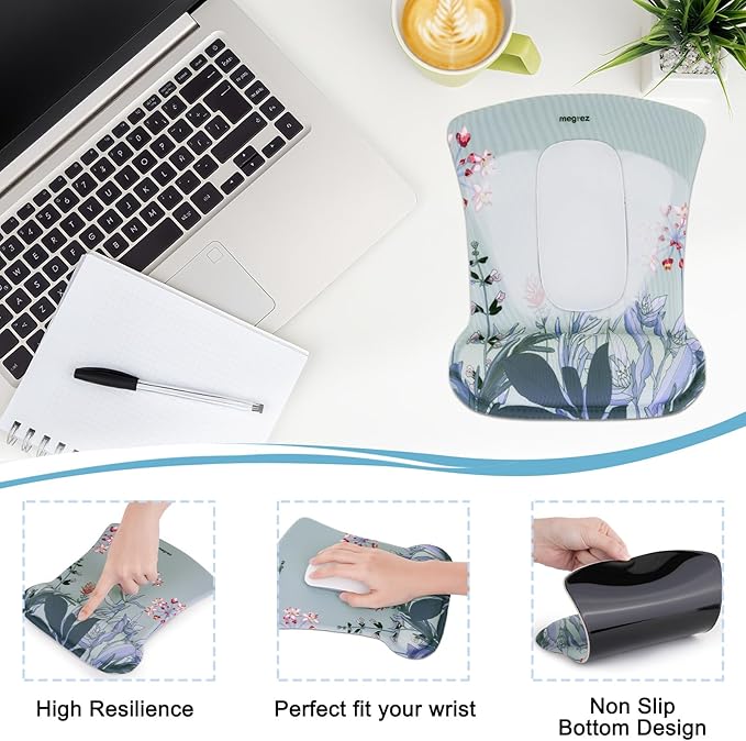 MEGREZ 4-in-1 Ergonomic Memory Foam Wrist Rest Set, Desk Pad, Mouse Pad with Wrist Rest, Keyboard Pad, Suitable for Office Workers, Programmers & Gamers–Relieve Typing & Gaming Fatigue, Blue Gray