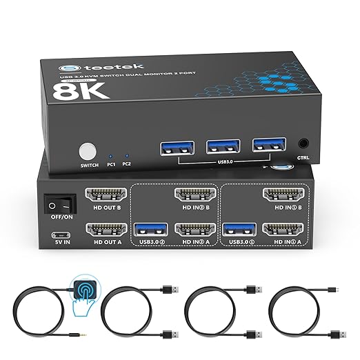Hearvo 8K@60Hz HDMI KVM Switch for 2 Computers 2 Monitors, Dual Monitor KVM Switch with EDID Adaptive, Keyboard/Mouse/Printer Sharing, Includes 2 USB Cables & Controller -S7229H2