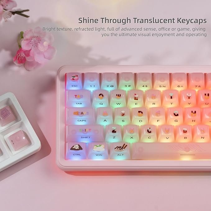 Womier Keyboard Keycaps Jelly,Ceramic Keycaps Style, Clear Ice-Cream Pink Cute Key Cap,Transparent Side Printed Custom 60 65 75 100 Percent for Cherry MX,Gateron Mechanical Keyboards,MDA Profile