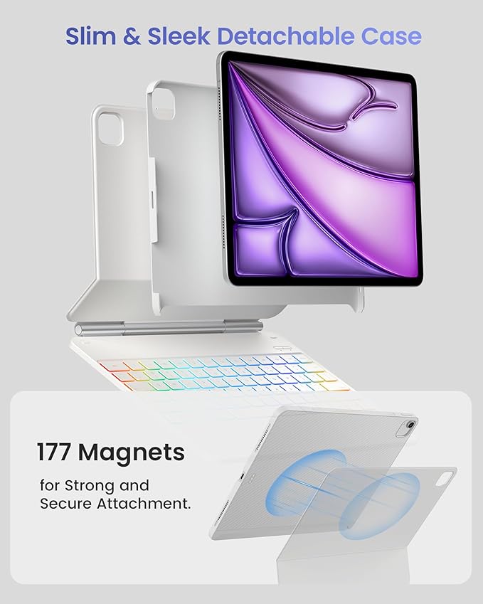 typecase Edge+ Keyboard Case for iPad Air 13"(M4/M3/M2, 2026/2025/2024) & iPad Pro 12.9"(3/4/5/6th Gen), Ultra-Slim Detachable Case, Portrait & Typing Modes, 11-Color Backlight, Magnetic Stand, White