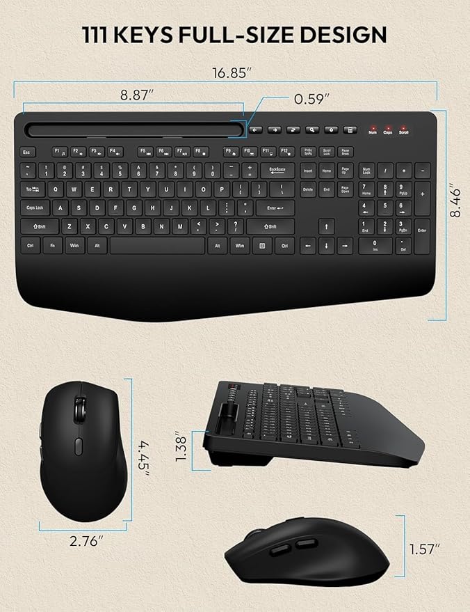 SABLUTE Wireless Keyboard and Mouse, Wrist Rest, Phone Holder, 2.4G Lag-Free Ergonomic Keyboards Mouse Combo, KM23D Silent Keyboard Cordless Set for Computer, Laptop, Windows (2 Pack)