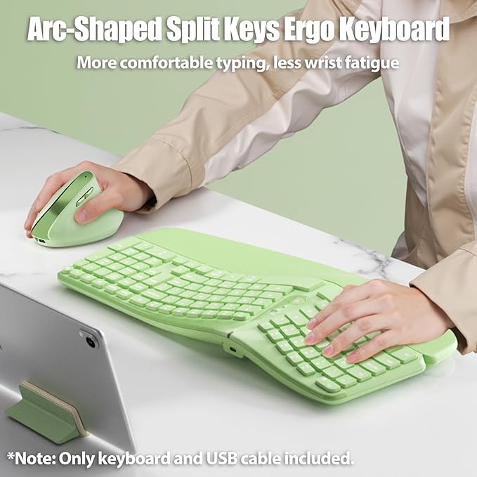 Bow Split Ergonomic Keyboard Wireless with Cushioned Wrist & Palm Rest, Wireless 2.4G/Bluetooth/Wired USB-C, Comfortable Natural Typing, Compatible with Windows/Mac/PC/Laptop, Matcha Green