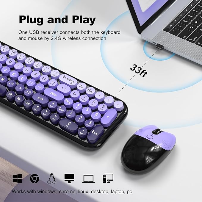 MOFII Wireless Keyboard and Mouse Combo, Compact Typewriter Retro Round Computer Keyboard and Mouse Set, Plug and Play, for Windows, Computer, Desktop, PC, Notebook - (Black Purple Gradient)