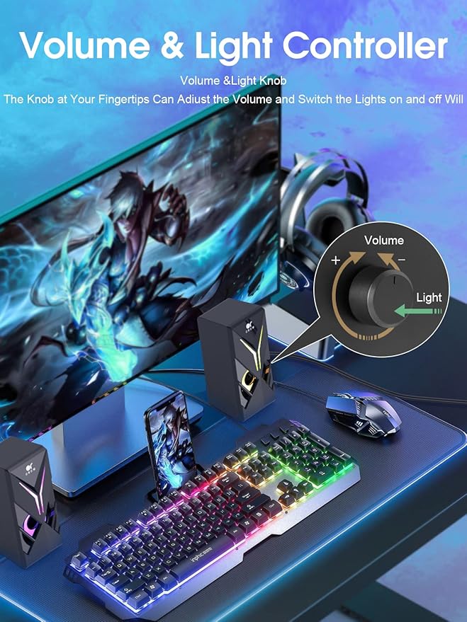 OROW 10W RGB Computer Speakers with Volume Control, Colorful LED Gaming Speakers for PC/Desktop/Laptop/Monitor, 3.5mm Aux Input, Lights On/Off Option (S201)