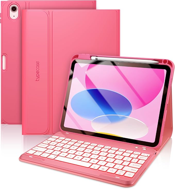 typecase Folio Keyboard Case for iPad 10th Gen 10.9 inch (2022) and iPad 11th (A16, 2025), Magnetic Wireless Detachable Keyboard, 7-Color Backlight, Thin & Light, Pencil Holder – Pink