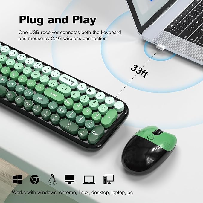 Wireless Keyboard and Mouse Combo, MOWUX Compact Typewriter Retro Round Computer Keyboard, Cute Optical Mouse Wireless, Plug and Play, for Laptop, PC, Computer- Black Green Gradient
