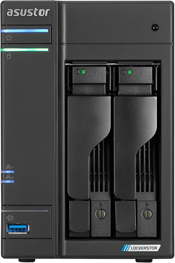 Asustor Lockerstor 2 Gen2+ AS6702T v2 2 Bay NAS Storage, Intel Quad-Core 2.0GHz CPU, Dual 5GbE Ports, 4GB RAM DDR4, 4 M.2 SSD Slots, HDMI, Network Attached Storage (Diskless)