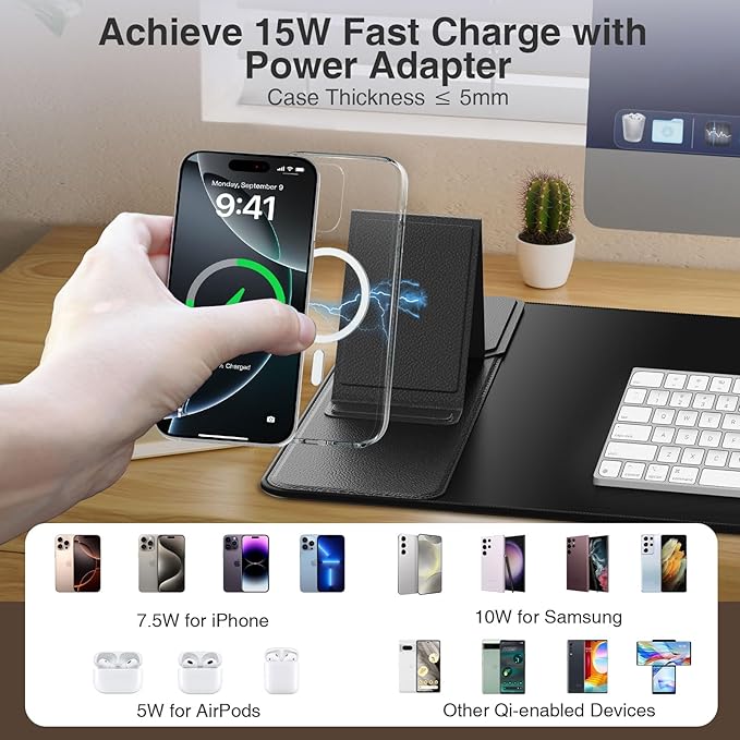 Wireless Charging Mouse Pad with Foldable Phone Holder, 31.5"x15.8" Extended Desk Mat for Laptop/Keyboard, Waterproof Ultra-Smooth Surface, Non-Slip Base & 20W PD Adapter, Black