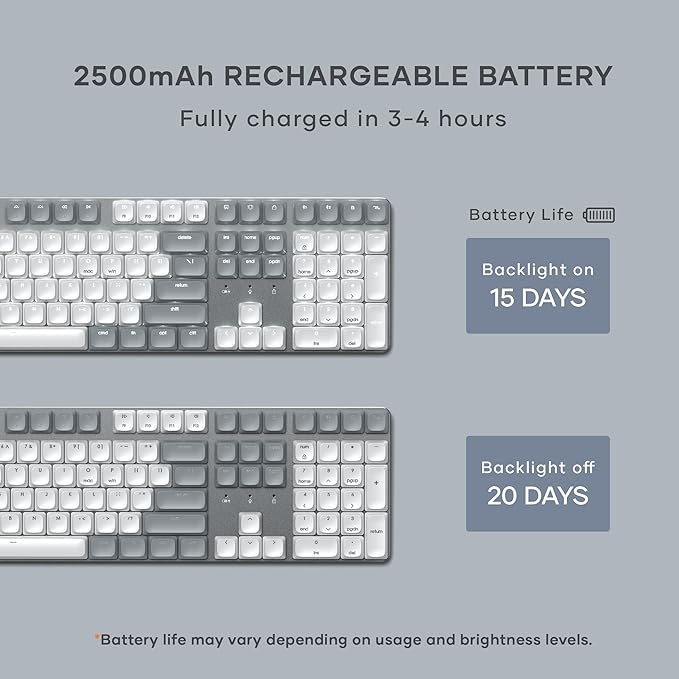 Satechi SM3 Mechanical Keyboard for Mac and Windows, 108 Keys Full Size with White LED Backlit, Wired and Bluetooth for Mac and Windows - Light Gray/White