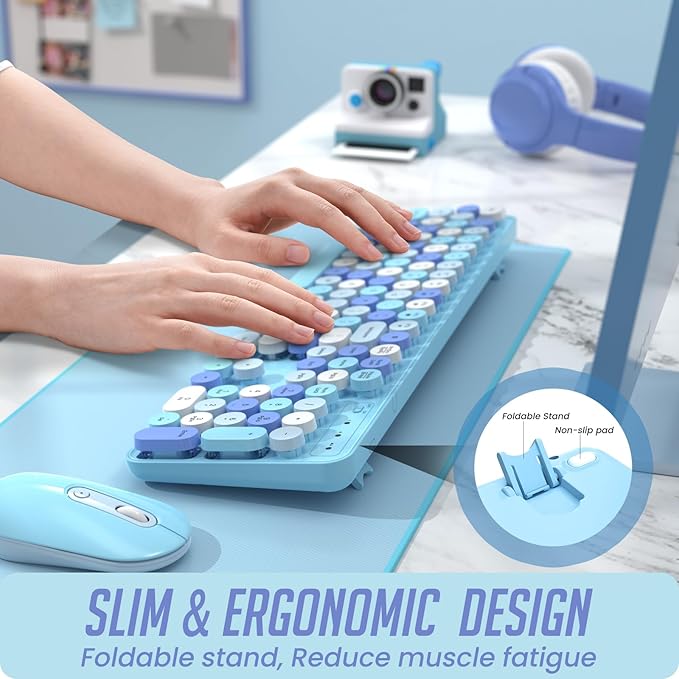 Wireless Keyboard and Mouse, Silent Keyboard Mouse Combo, Full-Sized Colorful Typewriter Keyboard with Round Keycaps, 2.4G Cute Mouse Compatible with PC/Laptop/Computer(Blue White)