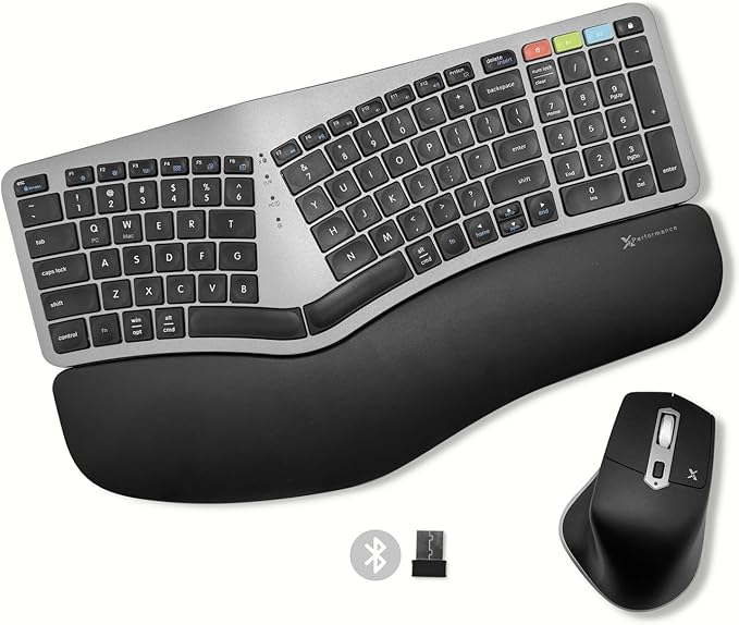 X9 Ergonomic Keyboard and Mouse Wireless Combo 2.4G+Bluetooth - Type Comfortably Longer - Ergo Split Keyboard and Mouse with Wrist Rest - Fullsize Keyboard for Laptop and PC