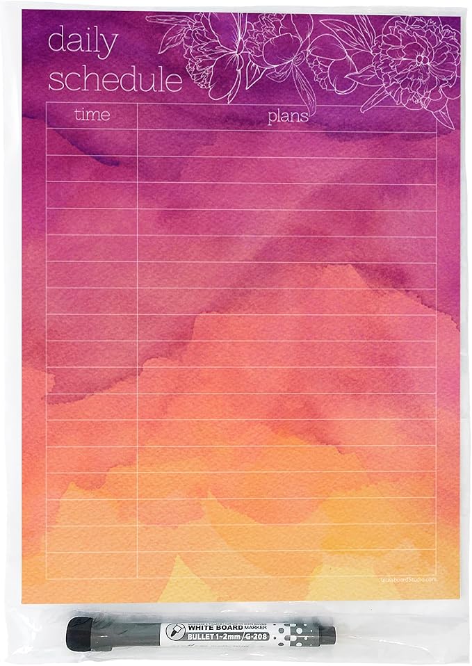 Dry Erase Daily Schedule Planner Sticker Decal by Glassboard Studio | Removable & Reusable | Magnetic Fine-Tip Marker Included (9 x 12 inches, Peony)