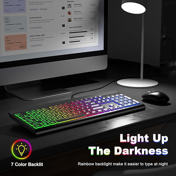 Large Print Backlit Keyboard, Multiple Color Rainbow LED Backlit Large Size USB Wired Computer Keyboard, Full Size Multimedia Keyboard for Windows Desktop, Laptop, PC