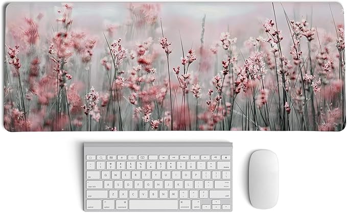 Pink Lavender Floral Mouse Pad,XL Large Spring Summer Meadow Mouse Pads,Aesthetic Cottagecore Flower Desk Mat,Impressionist Botanical Grass for Home Office Dorm Desktop Decor,31.5x11.8 Inch