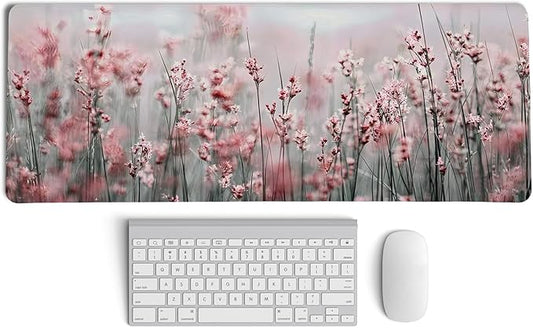 Pink Lavender Floral Mouse Pad,XL Large Spring Summer Meadow Mouse Pads,Aesthetic Cottagecore Flower Desk Mat,Impressionist Botanical Grass for Home Office Dorm Desktop Decor,31.5x11.8 Inch