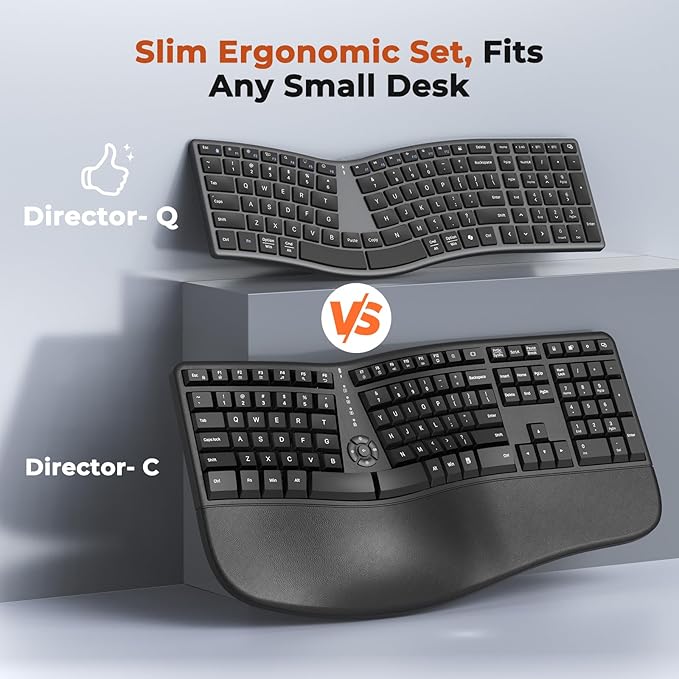 MEETION New Ergonomic Keyboard and Mouse, Director Q Split S-Curve Design, 2.4G Wireless & Dual Bluetooth, Slim Low-Profile Keys 4 DPI Mouse Rechargeable Full Size for Windows Mac PC Laptop Computer