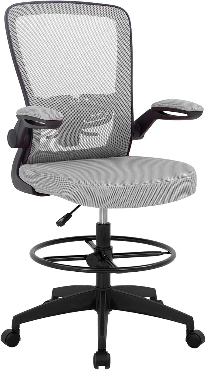 BestOffice Drafting Chair Tall Office Chair Standing Desk Chair with Lumbar Support Height Adjustable Armrest Footrest Mid Back Swivel Rolling Mesh Computer Chair Drafting Stool Grey