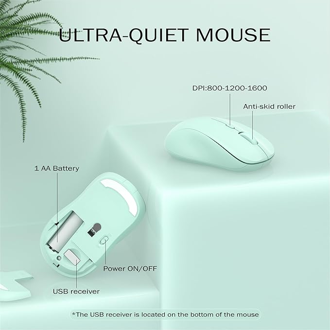 Wireless Keyboard and Mouse Combo, 110 Round Quiet Keys, Adjustable Optical Mouse, Share 1xUSB Receiver, Power Switch, for Windows Mac(Green)