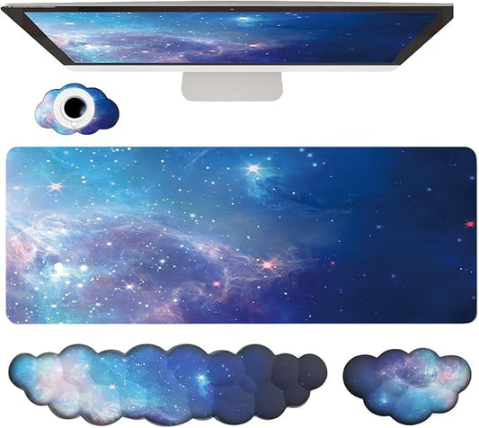 Cloud Wrist Rest Keyboard Galaxy Mouse Pad Set Gradient Blue Large Desk Mat Ergonomic Space Wrist Pad Memory Foam Non-Slip Stars Wrist Support for Computer Laptop Gaming Home Office Relief Typing Pain