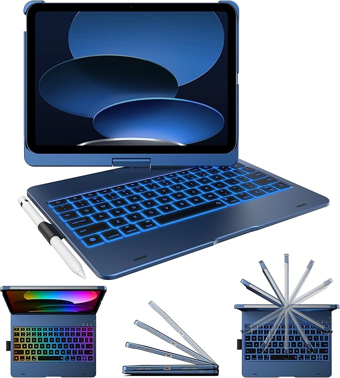 typecase Flexbook Keyboard Case for iPad 11th (A16, 2025) and iPad 10th Gen (10.9", 2022) – No Trackpad, 11-Color Backlight, 360° Rotatable, 7 Use Modes, Thin & Lightweight – Midnight Blue
