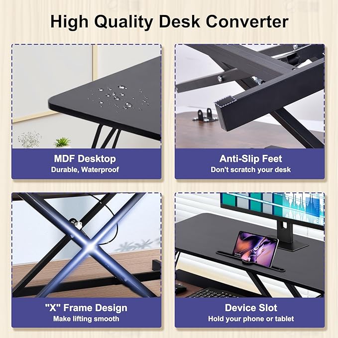 38-Inch Height Adjustable Standing Desk Converter, Duals Monitor & Laptop Riser with Wide Keyboard Tray, Sit to Stand Ergonomic Workstation for Home Office, School, Business, Black