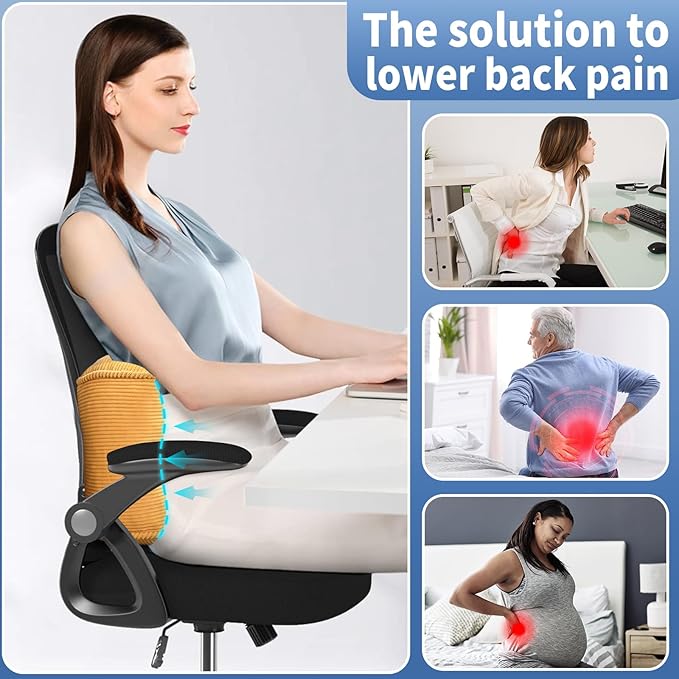 Lumbar Support Pillow for Office Chairs, Bite-Size Natural Latex Foam Back Support Pillow for Lower Back Pain Relief, Soft & Support Corduroy Desk Chair Cushion, M, Yellow