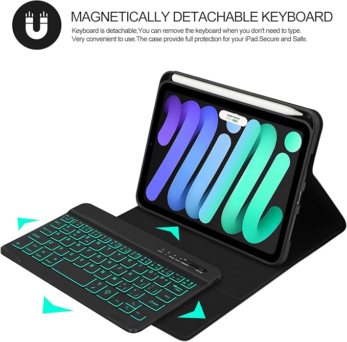 BORIYUAN iPad mini 7th Gen 2024 (A17 Pro) & iPad mini 6 Keyboard Case 2021, Detachable Wireless Keyboard, 7 Color Backlit, Slim Folio Cover with Pencil Holder for iPad mini 7th/6th Gen 8.3 inch Black