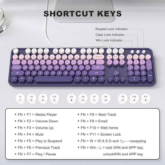 KNOWSQT Wired Computer Keyboard - Purple-Gradient Colorful Retro Full Size Round Keycaps Plug and Play Typewriter Cute Keyboards for Windows, Laptop, PC, Desktop, Computer