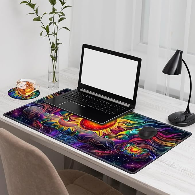 Gaming Mouse Pad Set, Colorful Sun Woman Large Desk Mat Mousepad, Keyboard Wrist Support, Mouse Wrist Rest, Coaster 4in1 Ergonomic Memory Foam, Non-Slip Stitched Edge for Home Office