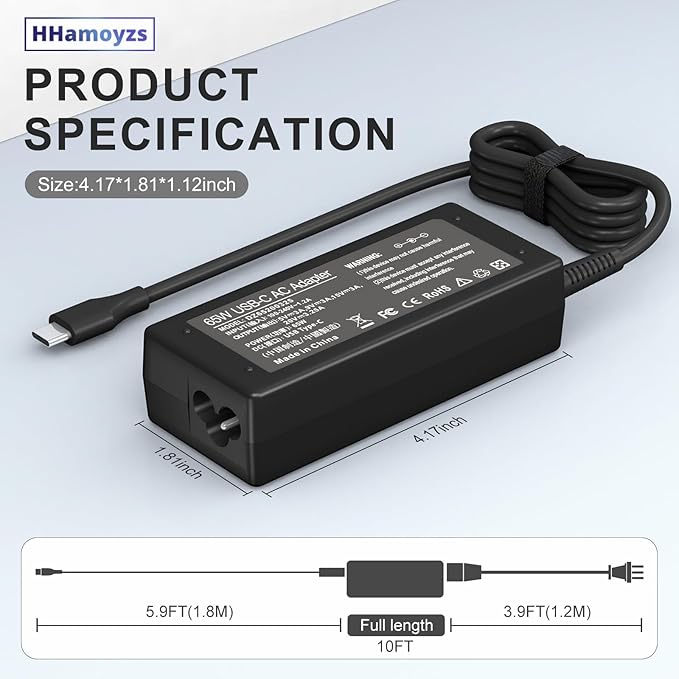 65W 45W USB C Charger Compatible with Chromebook X360 11 13 14/HP/Dell/Lenovo/Samsung/Acer/Asus/Spectre X360/Thinkpad Type C Power Supply Cord.
