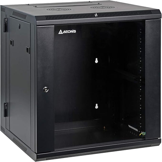 AEONS 12U Professional Wall Mount Server Cabinet Enclosure Double Section Hinged Swing Out 19-Inch Server Network Rack Locking Glass Door 22-Inches Deep Black (Fully Assembled)