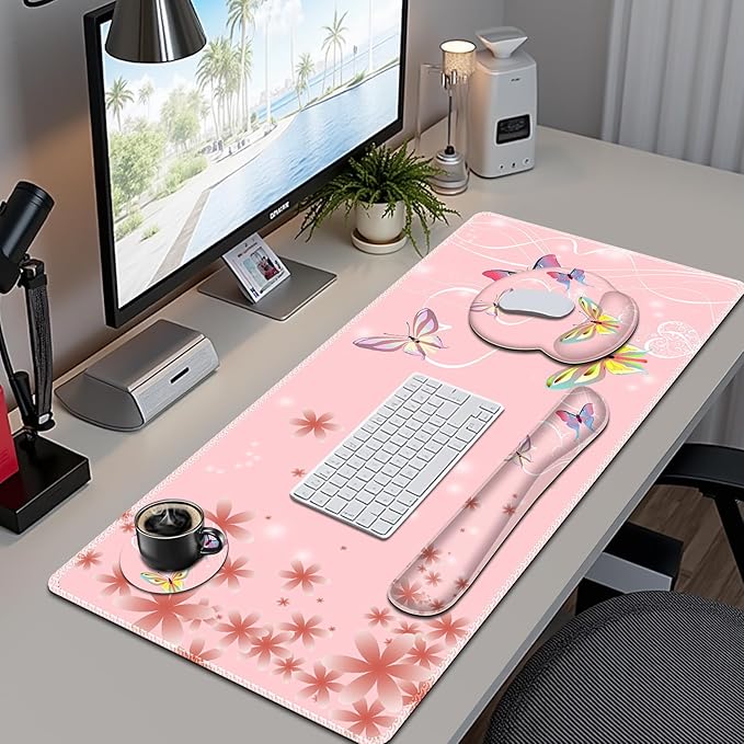 Peach Pink Butterflies Florals Mouse Pad, XXL Large Desk Mat Extended Reading Desk pad, 4 PCS Non-Slip Rubber Base Computer Big Mousepads for Work, Game, Office, Home Decor Cute Girls Woemn Gifts