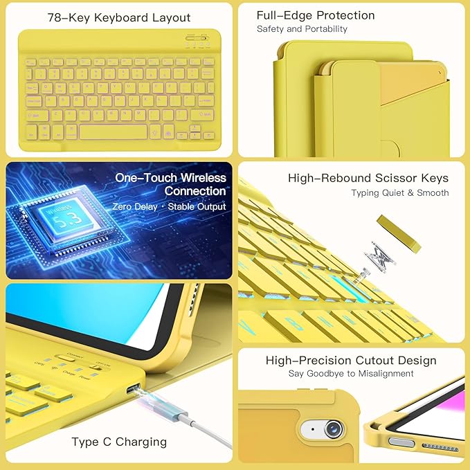 for iPad 11th(A16, 2025)/10th Generation Case with Keyboard, 360° Rotatable Case & Detachable Backlit Keyboard, Precision Cutouts and Pen Holder for iPad A16 11''/10th 10.9'', Yellow