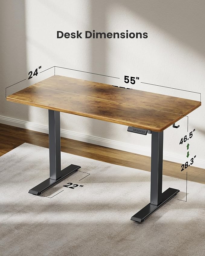 Marsail Electric Standing Desk, Adjustable Height Stand up Home Office Desk Large 55x24 Inch Sit Stand Computer Desk, with 4 Memory Presets, Headphone Hook,Cable Organizer, Rustic Brown