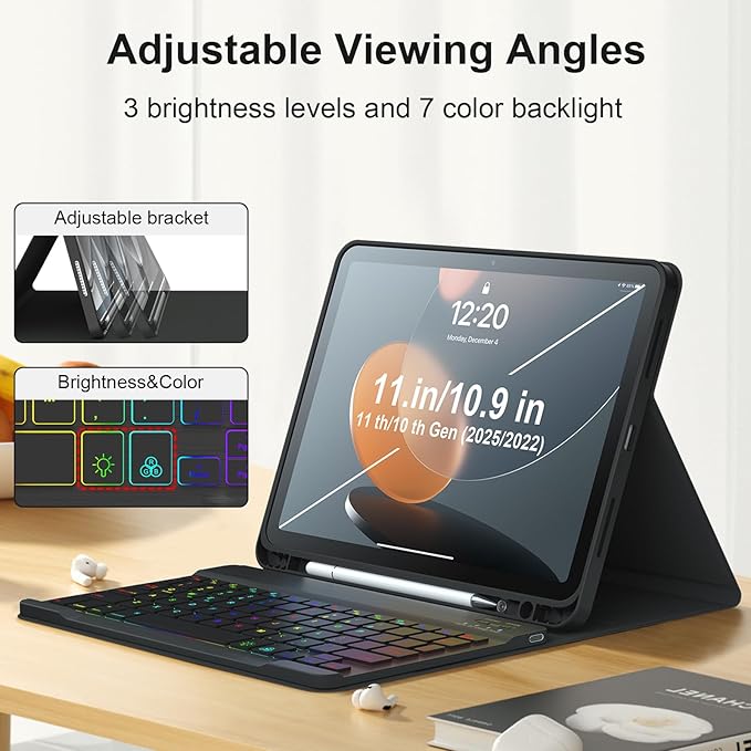 iPad 11th 10th Generation Case with Keyboard 10.9 Inch 2022 Detachable Wireless 7Colors Backlight Keyboard Case with Pencil Holder for and Magnetic Disc Universal Stylus Pen New iPad 10th Gen Black
