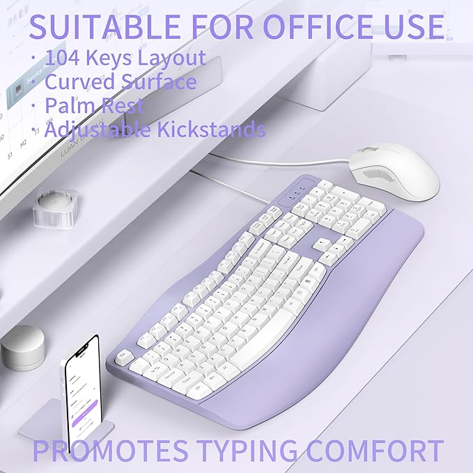 RECCAZR Ergonomic Keyboard Wired with Wrist Rest, Wave Keyboard for Natural Typing,Spill-Resistant Compatible with Windows/PC/Laptop (Purple)