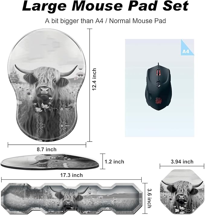 Ergonomic Mouse Pad with Wrist Support and Keyboard Wrist Rest Set + Coaster,Cute Mouse Pads Non Slip Rubber Base Mousepad for Computer Laptop Home Office Working Gaming,Highland Cow Ox Cattle
