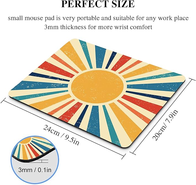 Retro Sun Mouse Pad Desk Mousepad Yellow Blue Rainbow Abstract Boho Vintage Aesthetic Square Computer Cute Washable Small Mat Non-Slip Rubber Gaming Office Laptop Wireless Travel Accessories