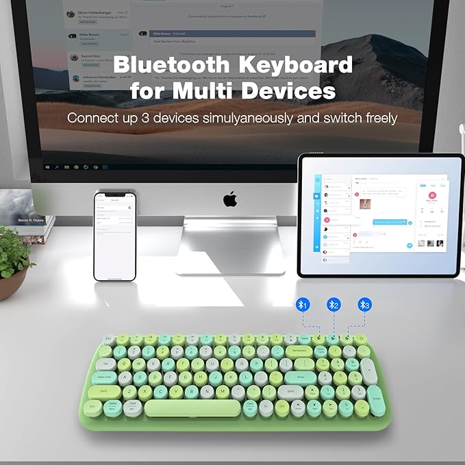 KNOWSQT Bluetooth Keyboard - Green Colorful Multi Device Wireless Typewriter Keyboards - Round Keycaps 100 Keys Cute Keyboard for Windows, Laptop, PC, Tablet, iPad, iPhone, Chrome