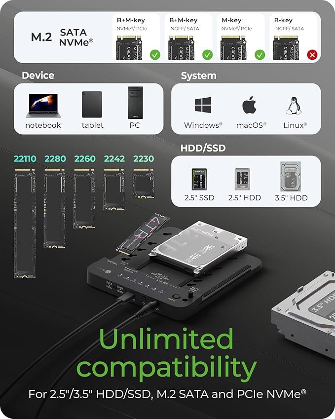ICY BOX M.2 NVMe & SATA SSD/HDD Docking Station, USB-C 3.2 Gen 2 (10 Gbps) Hard Drive Clone Station & Reader for M.2 NVMe SSD + SATA 2.5”/3.5” SSD & HDD Converter, Offline Cloning, Tool-Free