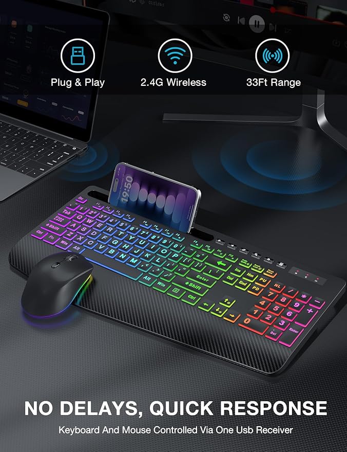 SABLUTE Wireless Keyboard and Mouse Combo, 9 Backlit Effects, Large Print, Wrist Rest, Phone Holder, 2.4G Lag-Free Ergonomic Keyboards, KM22 MAX Rechargeable Easy to See Set for Computer, Laptop, PC