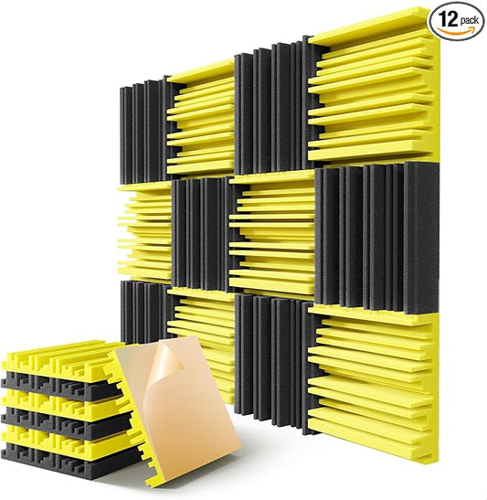 12 Pack Acoustic Foam Panels for Walls, 12" x 12" x 2" Soundproof Wall Panels, Self-Adhesive Soundproofing Padding, High Resilience Sound Absorbing Panels for Home Studios, Offices - Black & Yellow