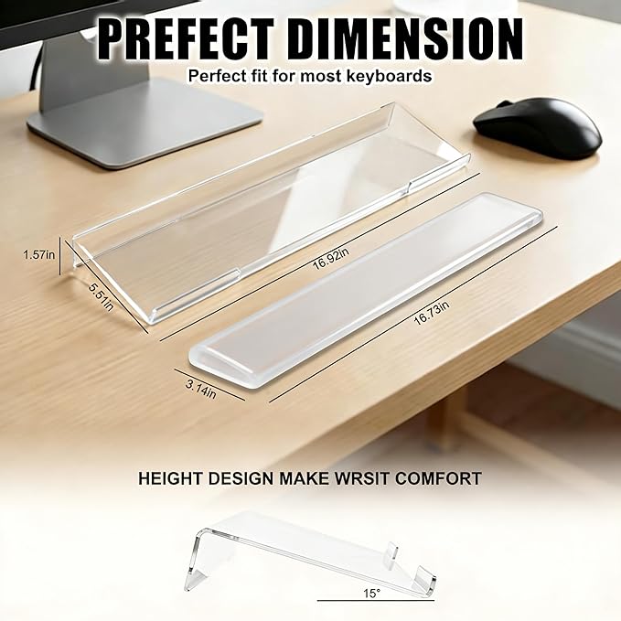 Acrylic Computer Keyboard Stand with Gel Wrist Rest Set,Ergonomic Keyboard Riser for Desk Easy Typing with Gel Keyboard Pad, Anti-Slip Comfort Keyboard Wrist Pad Relief Pain (Clear)