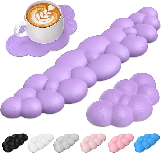 TECKNET Cloud Keyboard Wrist Rest Set, Cloud Wrist Rest with Non-Slip Base, PU Leather Wrist Pad for Keyboard with Ergonomic Memory Foam for Computer Laptop Office Gaming and Pain Relief, Purple