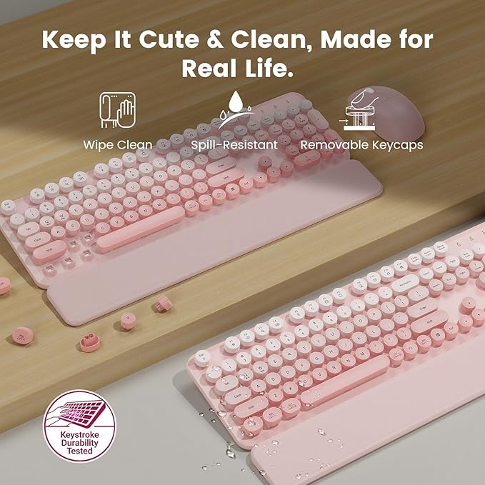 Wireless Keyboard and Mouse Combo, Magnetic Soft-Touch Wrist Rest, Round Keycaps, Full-Size Retro Typewriter Keyboard, 2-Stage Tilt Legs, Auto Sleep, 2.4GHz Cordless for Windows PC, Blush Pink Ombre